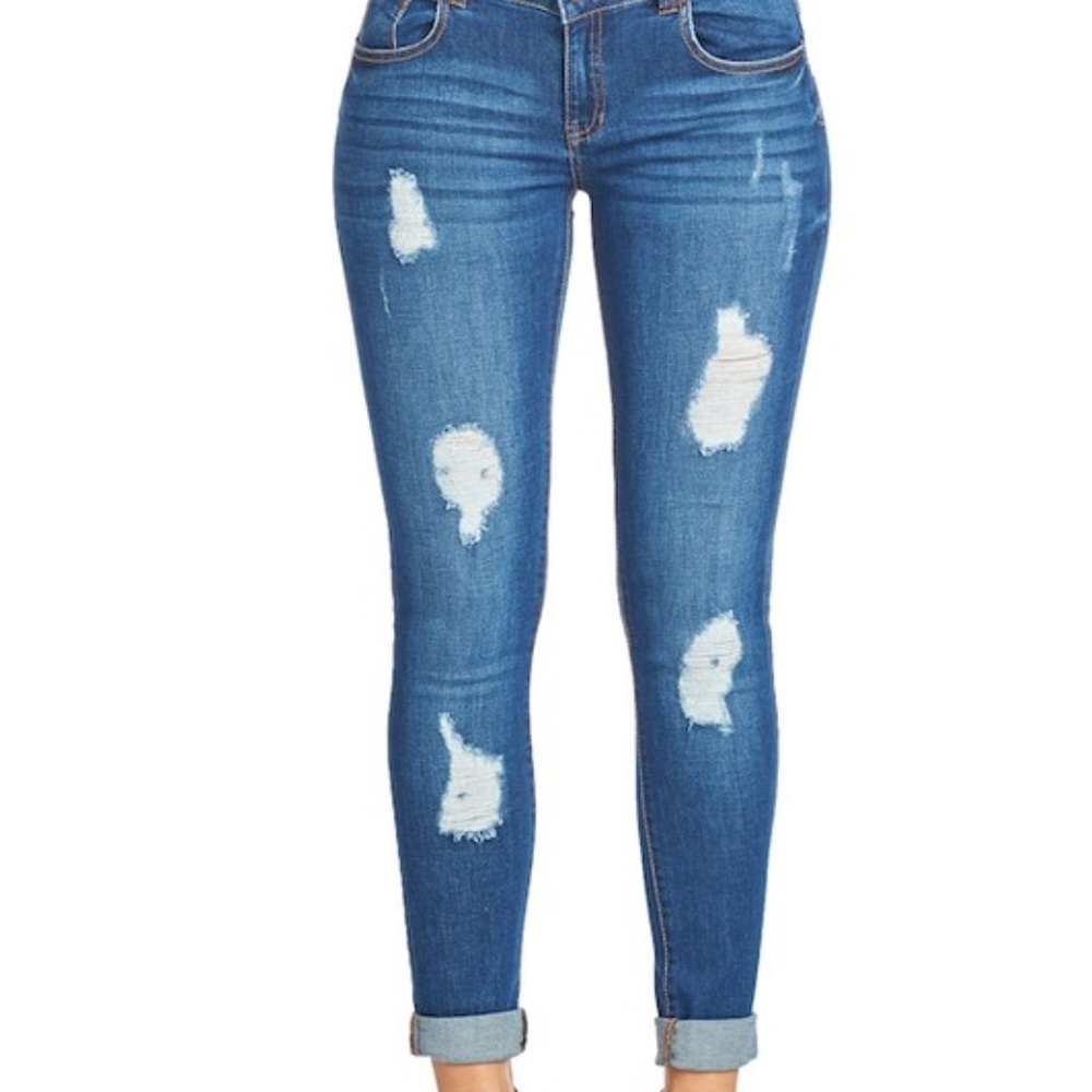 Med. Blue Distressed Denim Rolled Ankle Cuff 1053